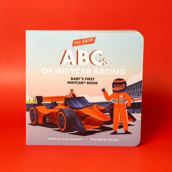 Children's book titled 'ABCs of Indy Racing' on a red background